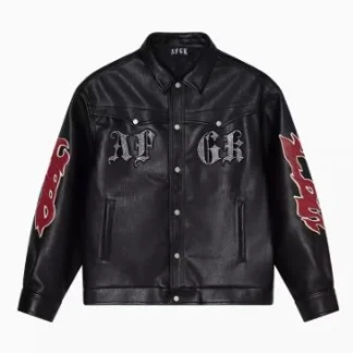 A Few Good Kids Leather look Vegan Leather Black Streetwear Bomber Jacket with embroidery
